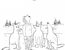 Cartoon of a woman howling with wolves outside at night.